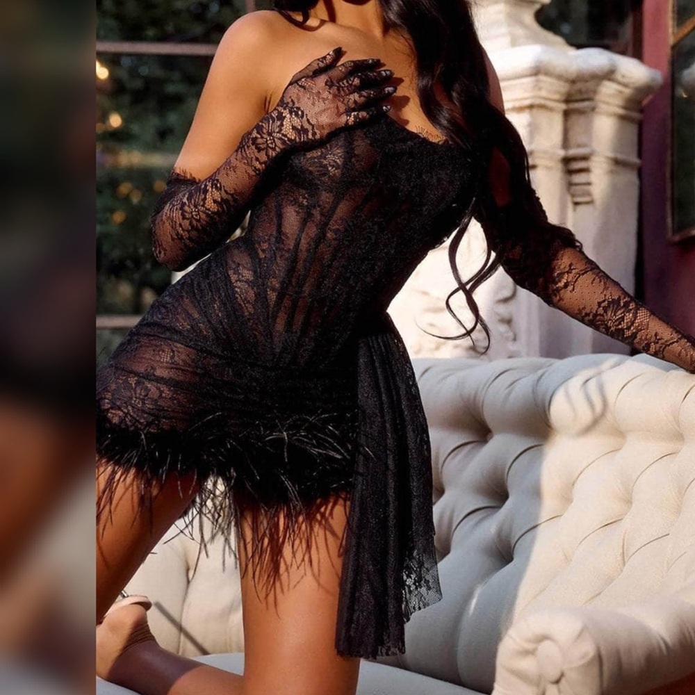 Sexy feather & black lace mini dress, boudoir photoshoot, bachelorette dress